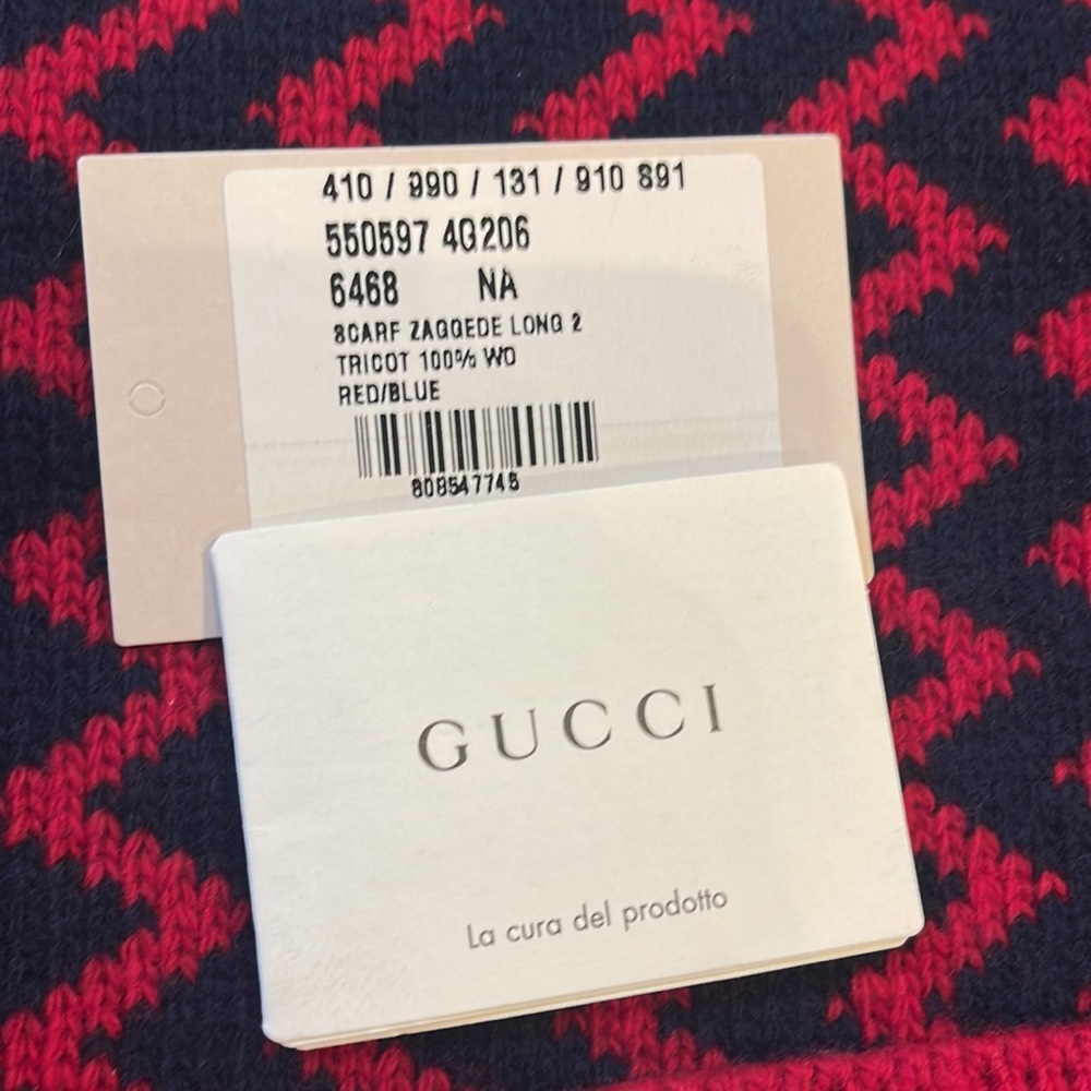 GUCCI Red/Blue—Blue/Red Zaggede Long 2 Tricot 100% Wool Scarf NWT ~ Authentic - Picture 11 of 11